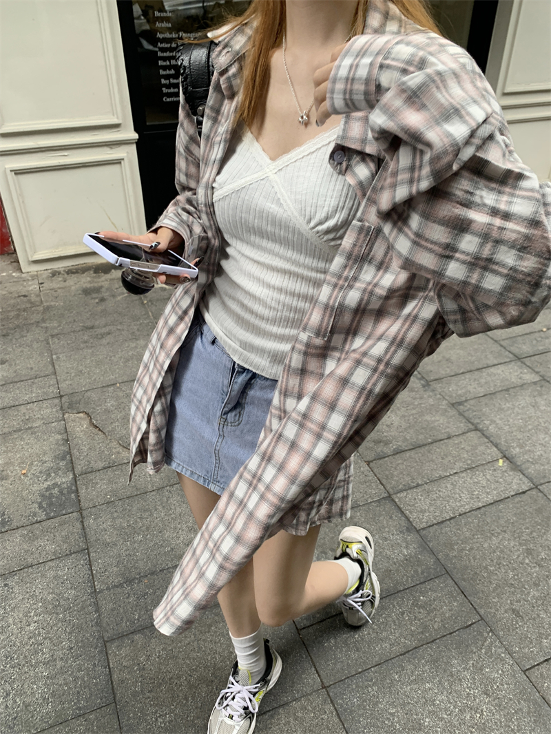 實拍~韓系慵懶風百搭休閒寬鬆格子防曬長袖襯衫