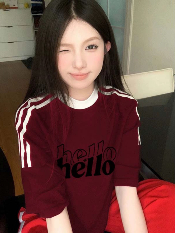 美式復古寬鬆短袖T恤女夏季2024新款酒紅色韓版高街三條槓上衣潮