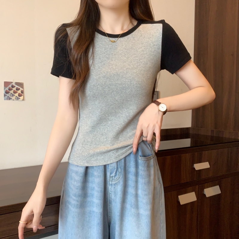 40支純棉 2024夏裝撞色短袖T恤女彈力短款上衣