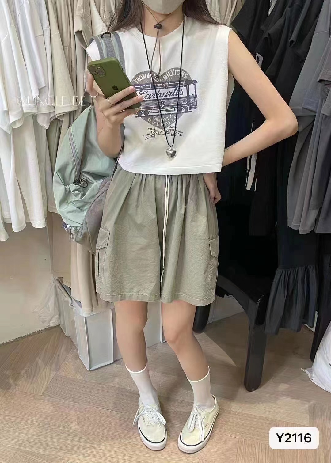新款設計感美式復古圓領愛心印花寬鬆背心