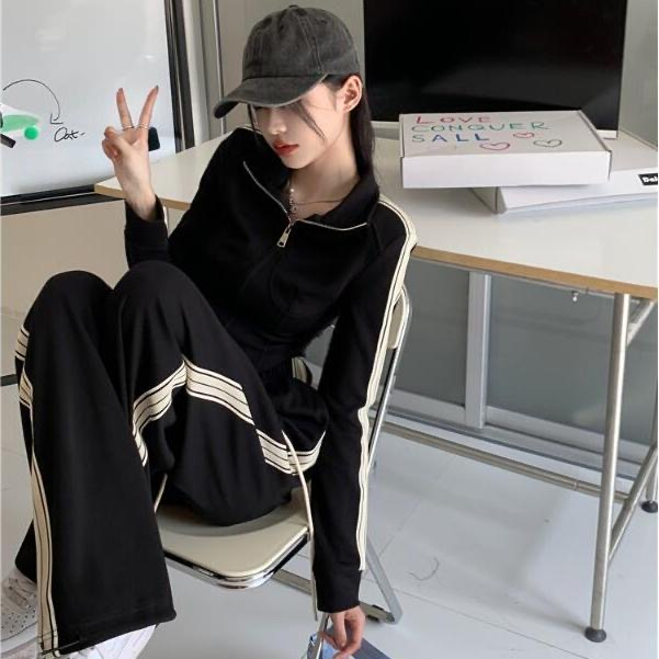 春秋季新款韓版女裝闊腿褲休閒運動套裝顯瘦時尚跑步九分褲兩件套