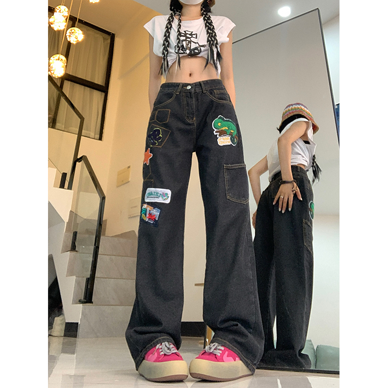 實拍牛仔褲女直筒寬鬆春秋大碼胖妹妹原宿風復古闊腿褲