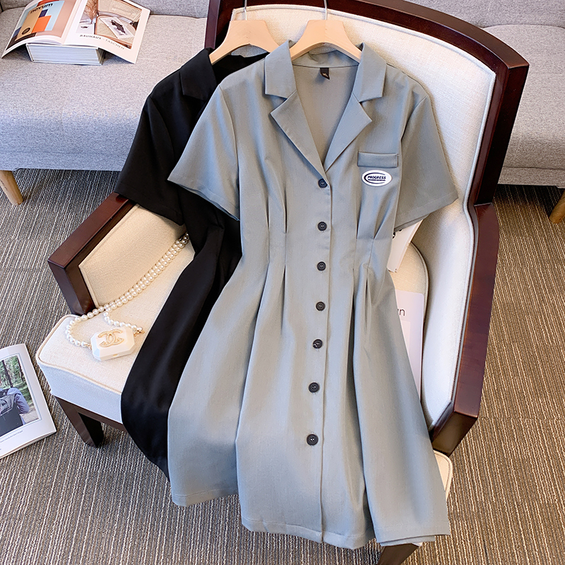 Actual shot of 2024 new summer clothes for fat mm, fashionable, versatile, slim, suit collar, waist and temperament dress