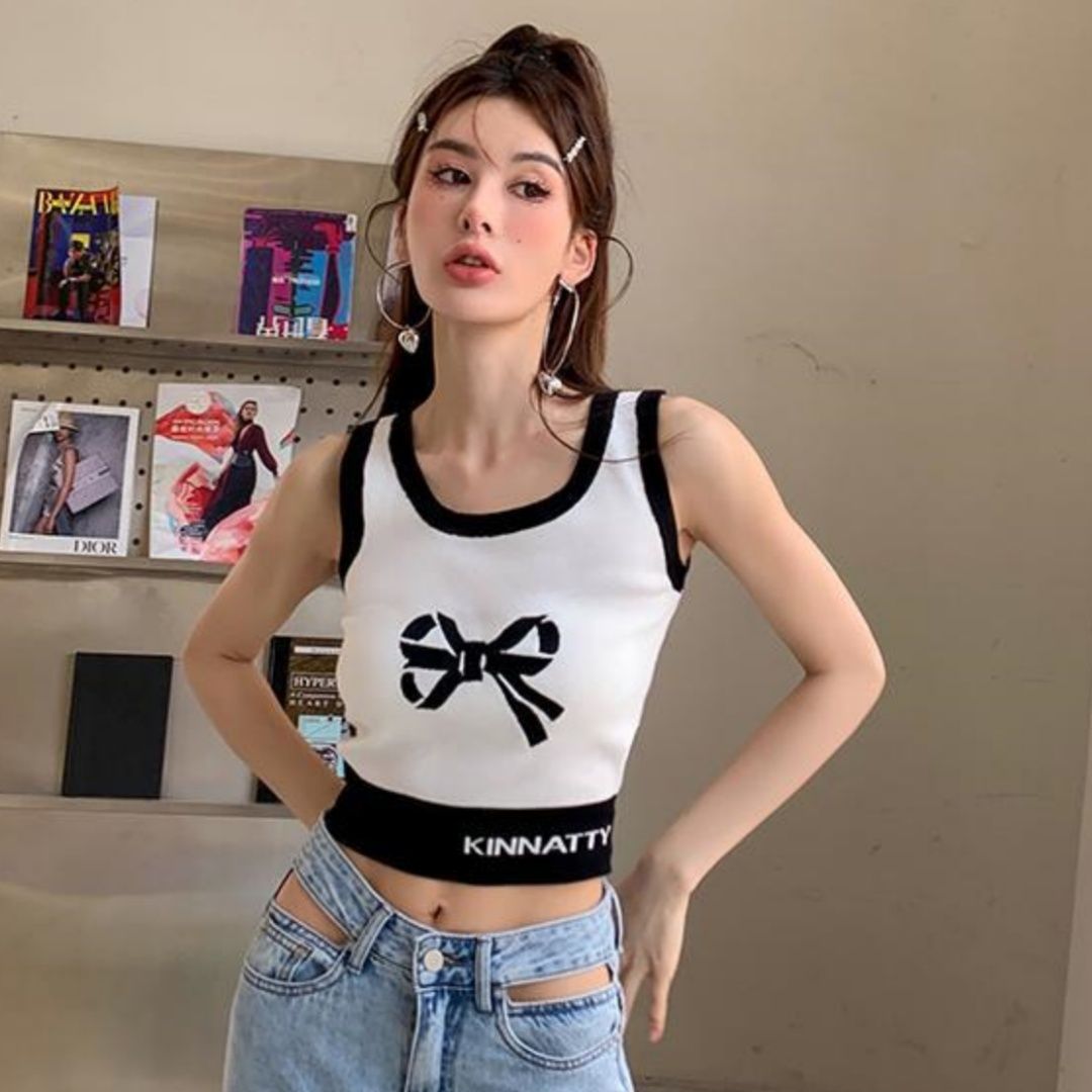 時尚簡約純欲個性百搭蝴蝶結圖案吊帶小背心2024新內搭女上冰爽絲