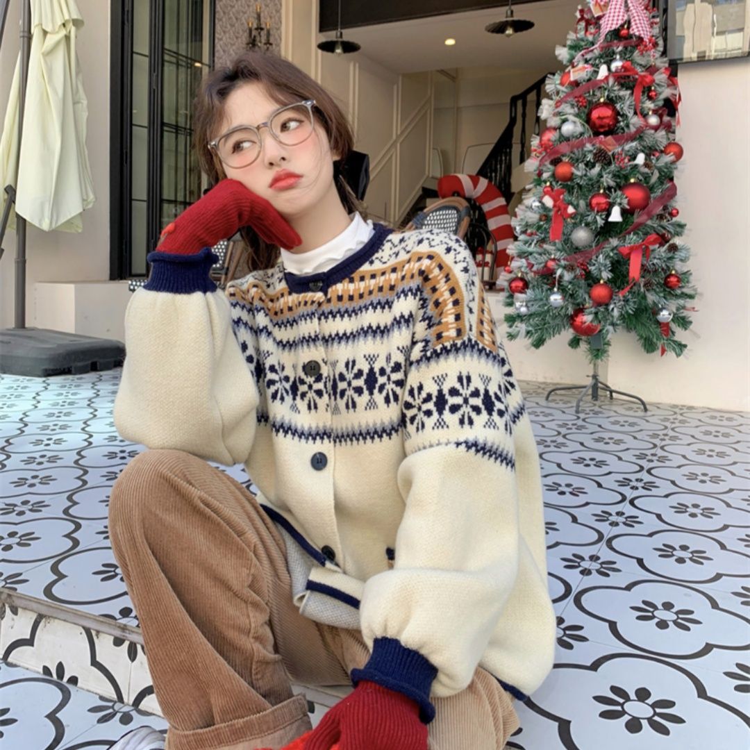 甜美曲調~聖誕氛圍感撞色提花毛衣秋冬韓版加厚寬鬆針織衫