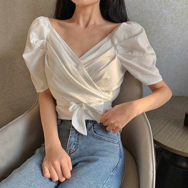 短袖女泡泡袖襯衫女夏2024新款設計感小個子交叉襯衣領修身短款