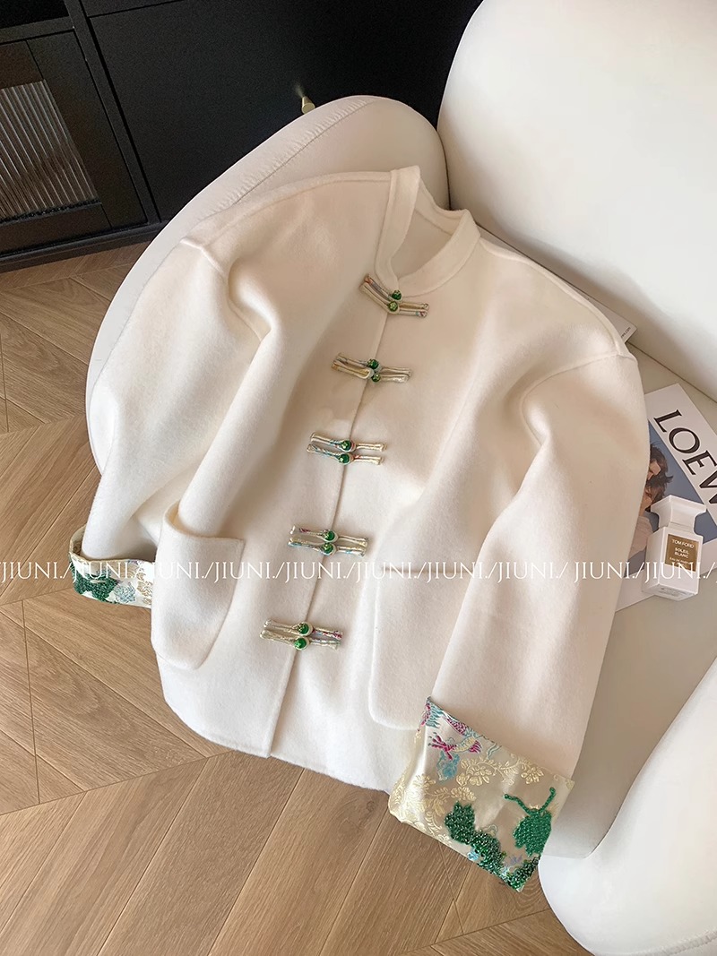 新中式國風袖口刺繡毛呢外套女秋冬款新款復古溫柔高級感上衣