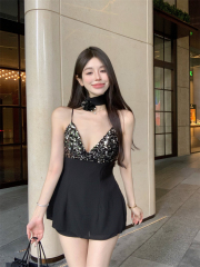 實拍 性感v領閃閃亮片黑色長款吊帶花朵收腰顯瘦辣妹雪紡上衣