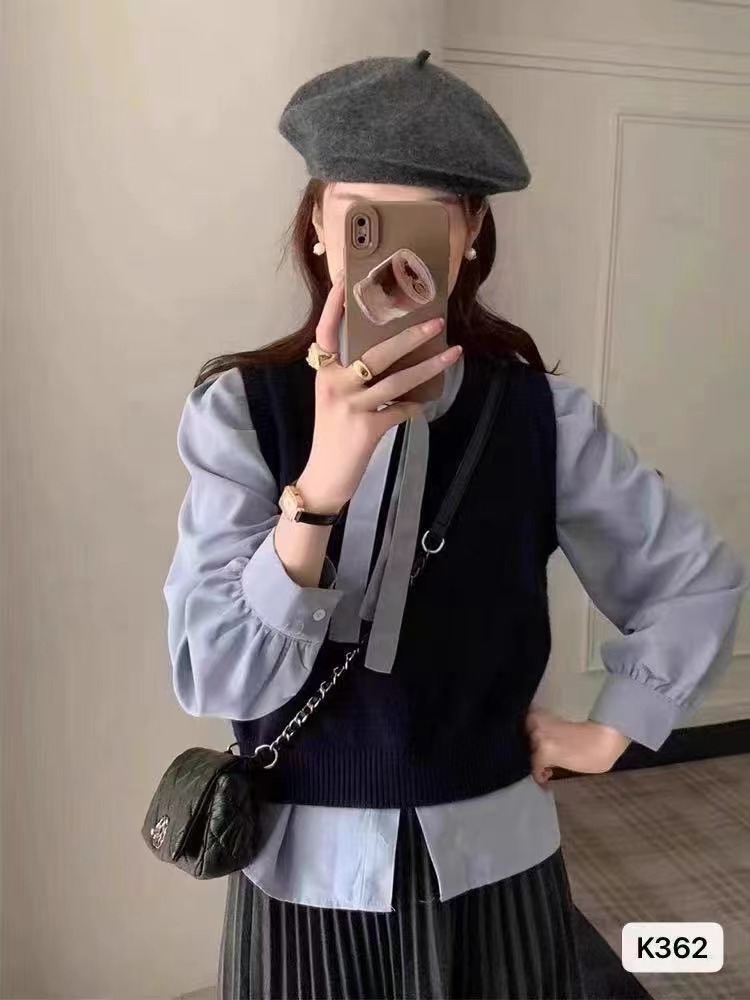 十三行女裝秋冬新款韓版氣質減齡時尚圓領長袖拼接針織假兩件上衣