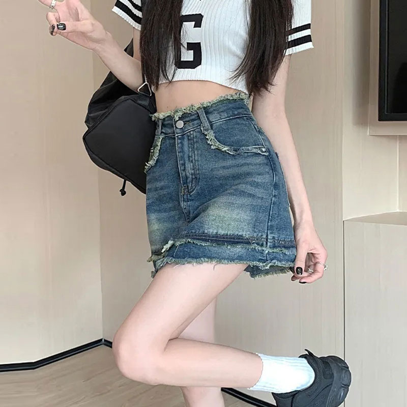 毛邊復古a字牛仔短裙女辣妹ins風設計感百搭高腰小眾包臀半身裙子