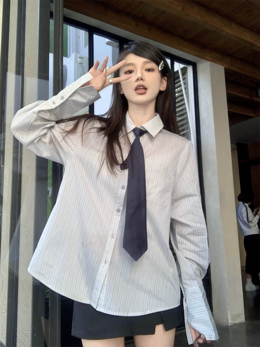 實拍韓系學院風套裝長袖條紋襯衫上衣高腰半身裙褲裙兩件套