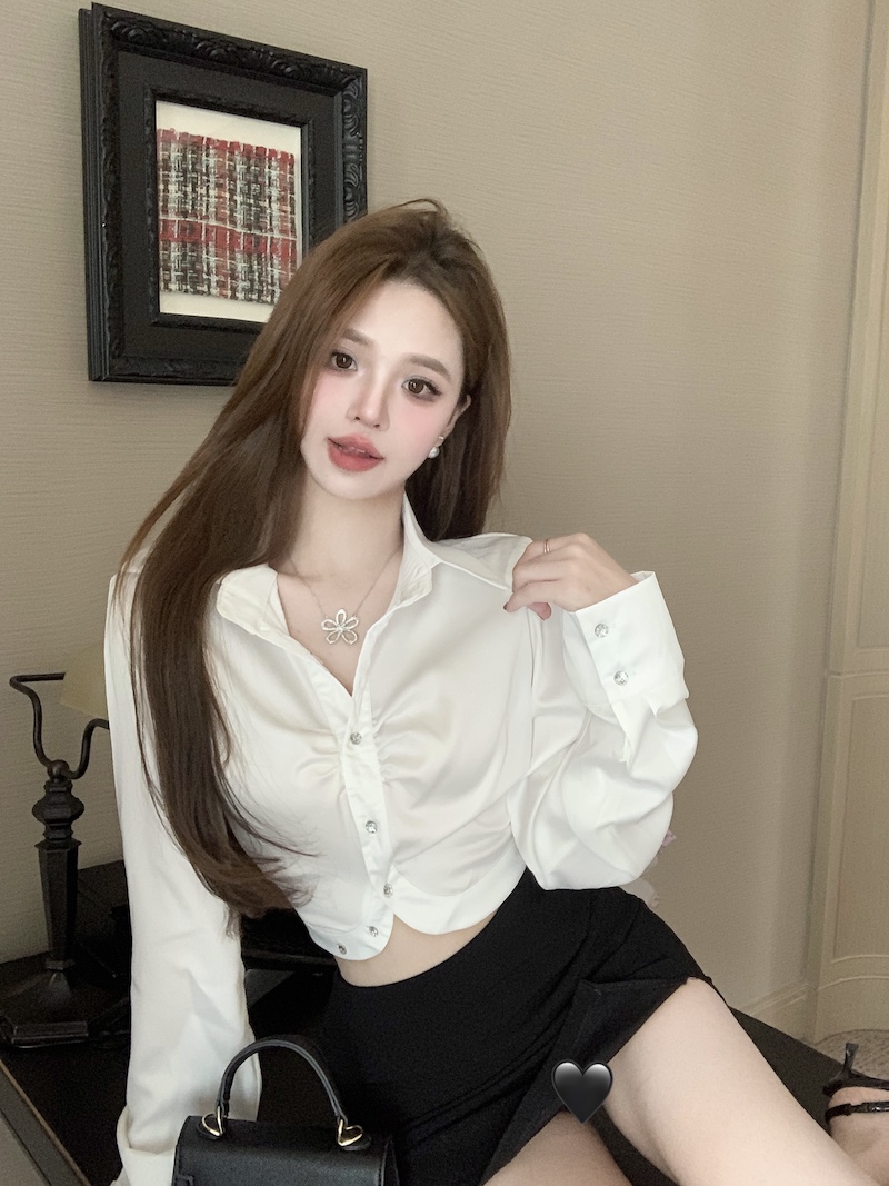 實拍 純欲辣妹polo領長袖襯衫女裝漂亮小衫性感露臍短款上衣