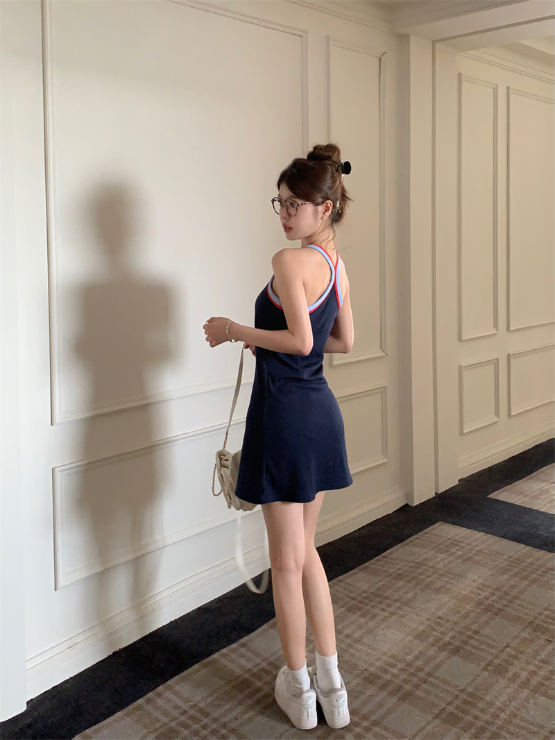 撞色掛脖吊帶裙子女夏季小個子收腰顯瘦辣妹彈力背心運動風連衣裙