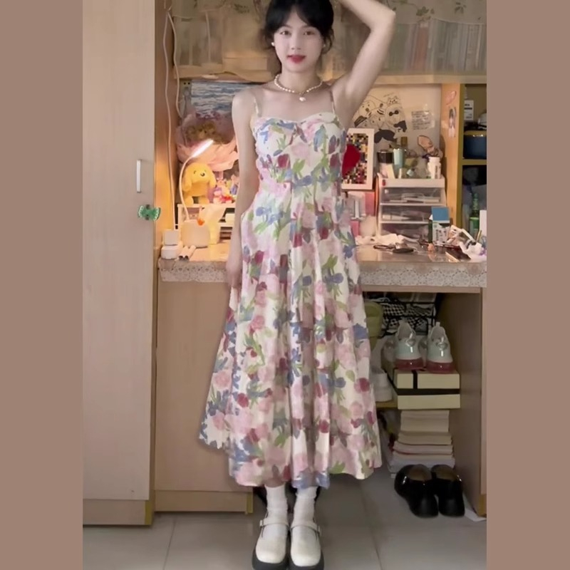單裙 原版 法式高級感碎花吊帶連衣裙女裝2024夏季新款