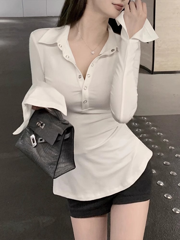 純欲辣妹緊身收腰polo領長袖T恤女秋冬性感v領紐扣不規則打底上衣
