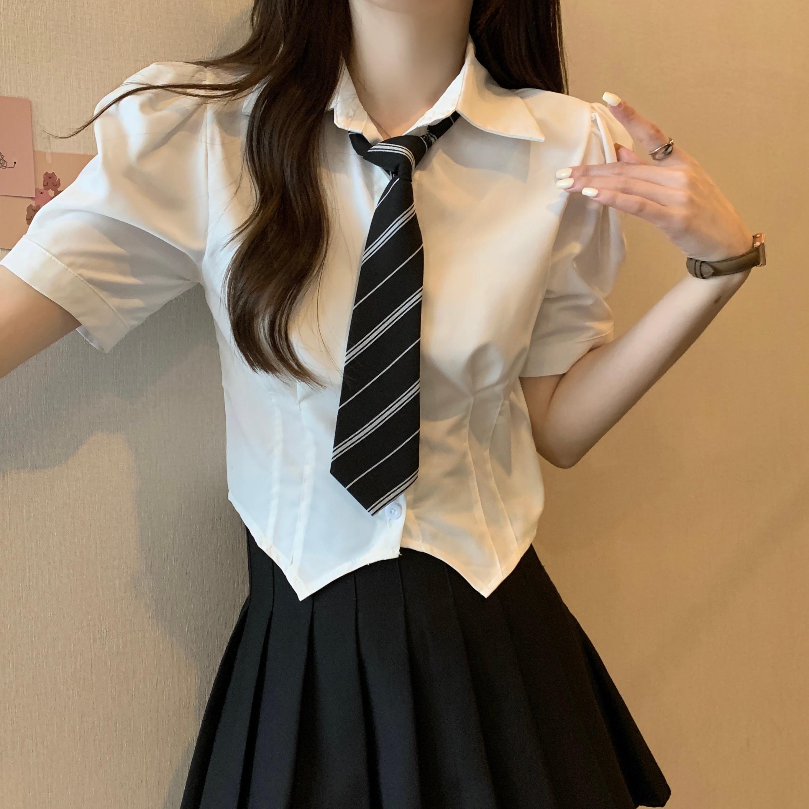 實拍 夏季新款收腰不規則甜美泡泡袖襯衫短袖辣妹學院上衣女