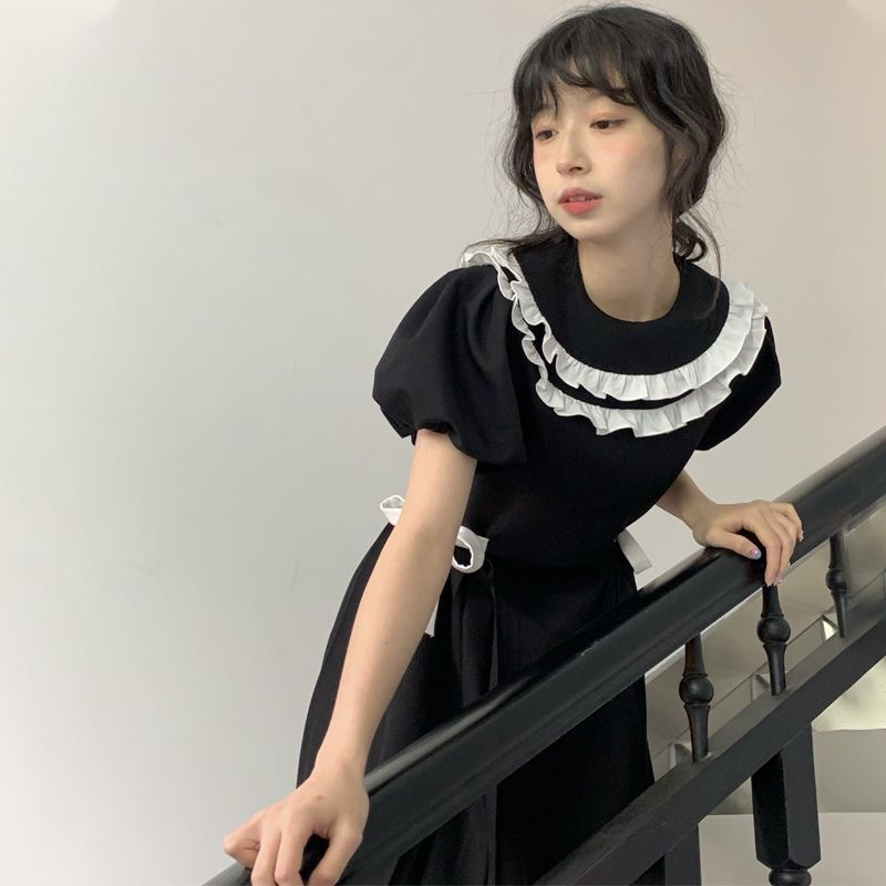 韓國連衣裙收腰顯瘦森系娃娃裙小個子甜美可愛蝴蝶結黑色A字裙夏