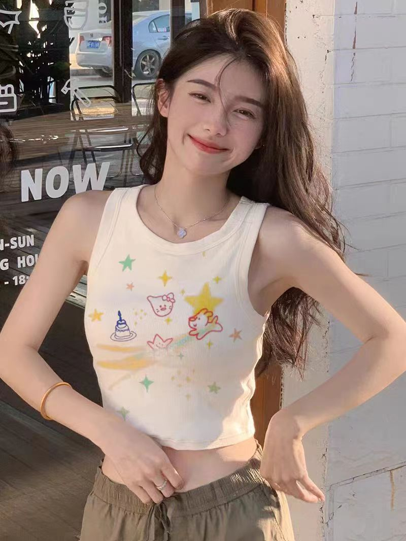 設計感小眾夏季新款T恤女純欲多巴胺夏季小眾印花辣妹無袖吊帶潮