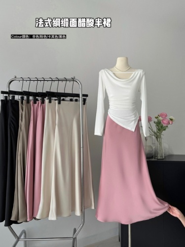 2024 early spring new style relaxed satin fishtail skirt high waist elastic skirt A-line long skirt for women