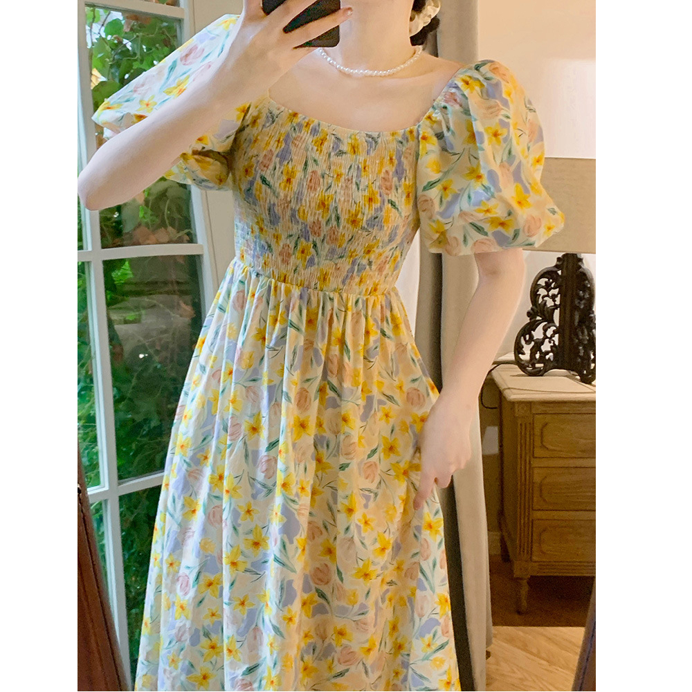 韓國夏季新款小香女風名媛一字領泡泡短袖鬆緊腰碎花顯瘦連衣裙