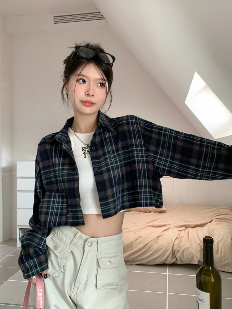 實拍 復古格子長袖襯衫外套女chic顯瘦短款襯衣薄款上衣