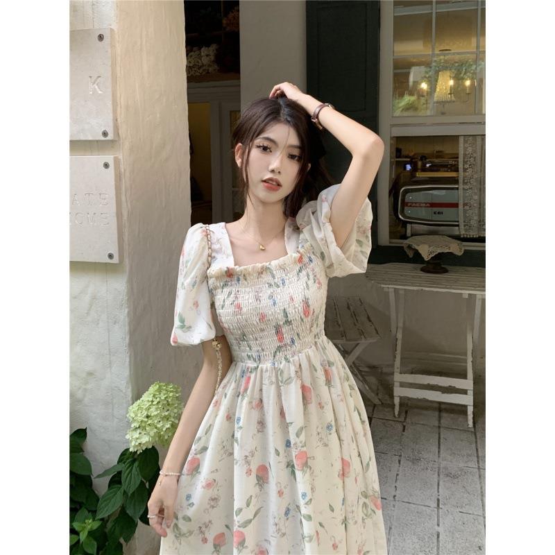 韓國夏季新款小香女碎花名媛一字領泡泡短袖鬆緊腰碎花顯瘦連衣裙