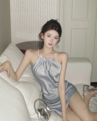 Real shot of heavy-duty satin high-end short skirt niche design suspender backless dress