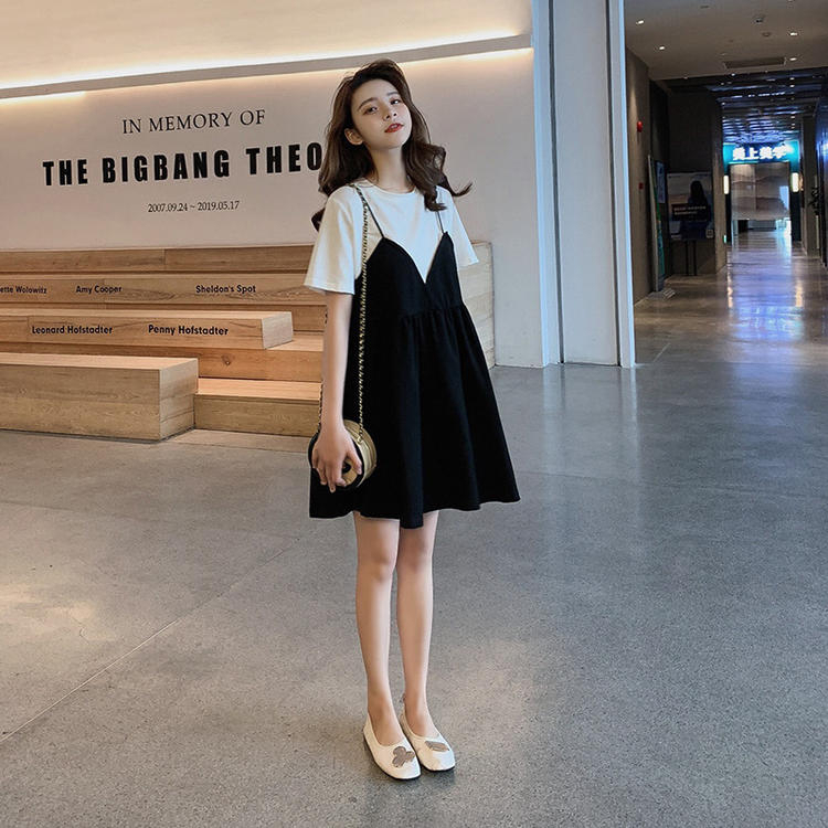 連衣裙女2024新款大碼女裝胖妹妹夏裝遮肚胖女人假兩件減齡娃娃裙