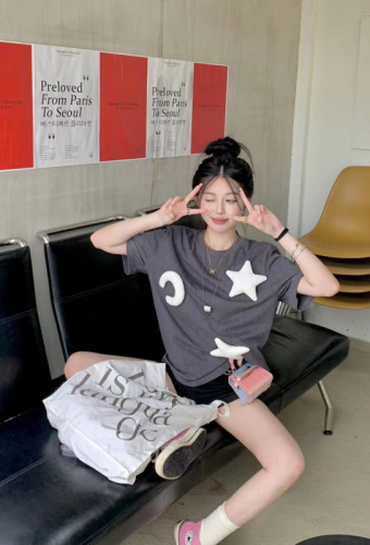 Actual shot ~ Glowing star T three-dimensional decorative short-sleeved T-shirt for women summer thin loose top