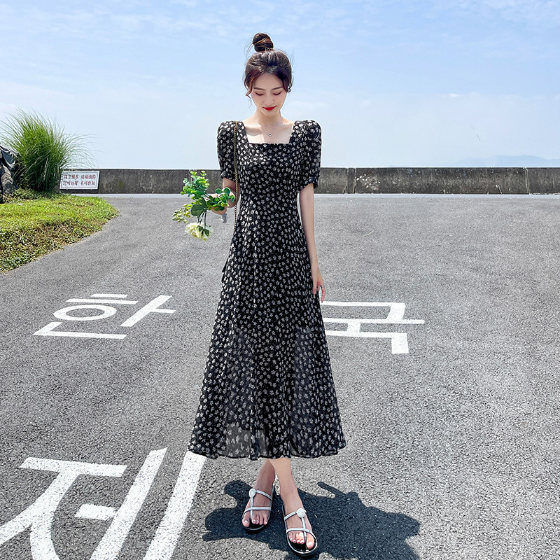 田園風橘色碎花連衣裙女夏季大碼胖mm收腰顯瘦泡泡袖短袖長裙新款