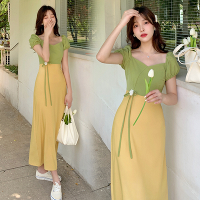 French retro Hepburn style puff sleeves contrasting color splicing chiffon dress summer light and elegant dress long skirt