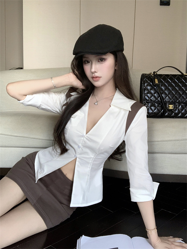 實拍~夏季新款收腰性感辣妹白襯衫+包臀A字半身裙套裝