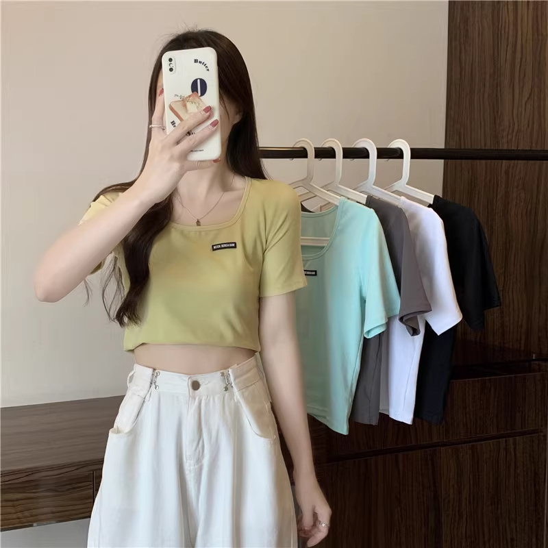 實拍純棉羅紋超火方領正肩短袖T恤女