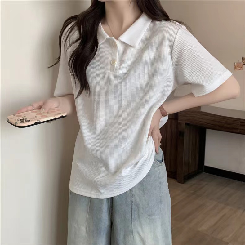 Actual shot of summer Korean style loose and versatile waffle POLO collar pullover short-sleeved T-shirt for women