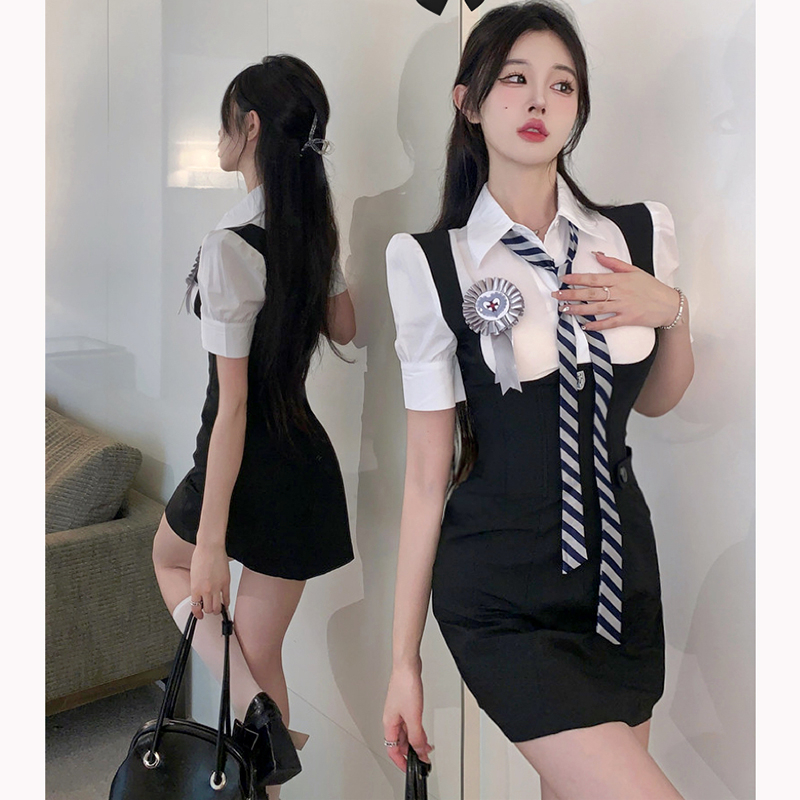 美式辣妹純欲性感包臀短裙女夏裝學院風假兩件襯衫拼接魚骨連衣裙