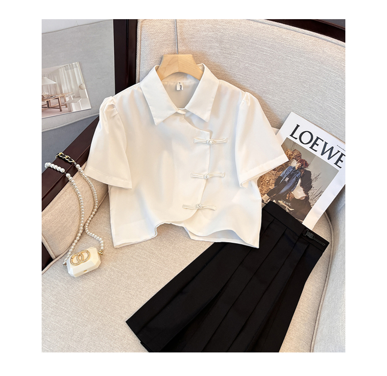 泡泡袖新中式復古改良漢服襯衫女短袖短款POLO衫盤扣上衣夏季