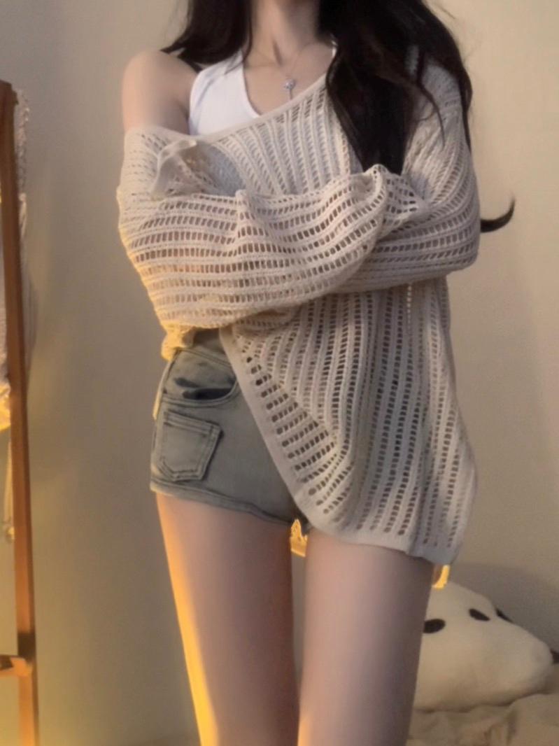 溫柔風鏤空長袖防曬針織罩衫女夏季新款法式寬鬆條紋透視上衣外搭