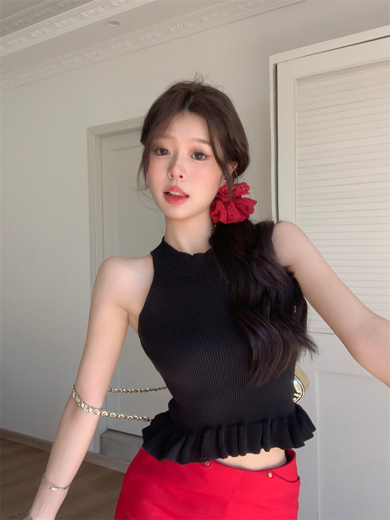 實拍 夏季新款設計感純欲荷葉邊針織掛脖背心性感短款上衣女