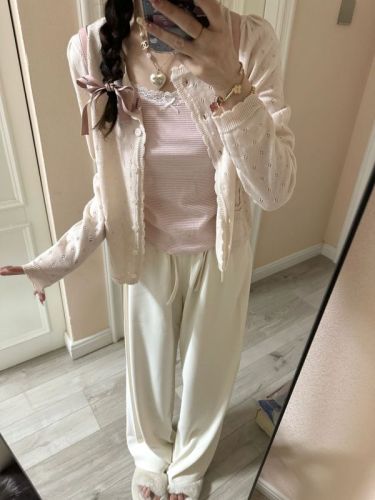 Japanese Retro Sweet Girl Fashion Knit Sweater Women 2024 Spring Fitted Slimming Short-Sleeve Cardigan Top Thin Jacket