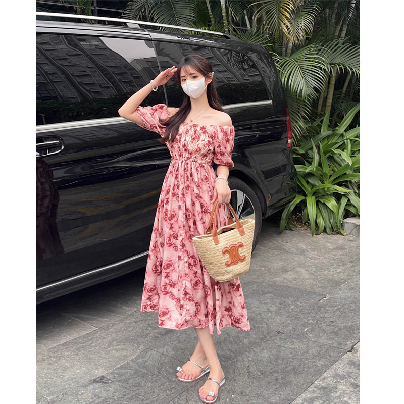 French Chic Dress Summer Women's Ink Smudged Rose Pleated Waist Floral A-Line Mid-Length Skirt