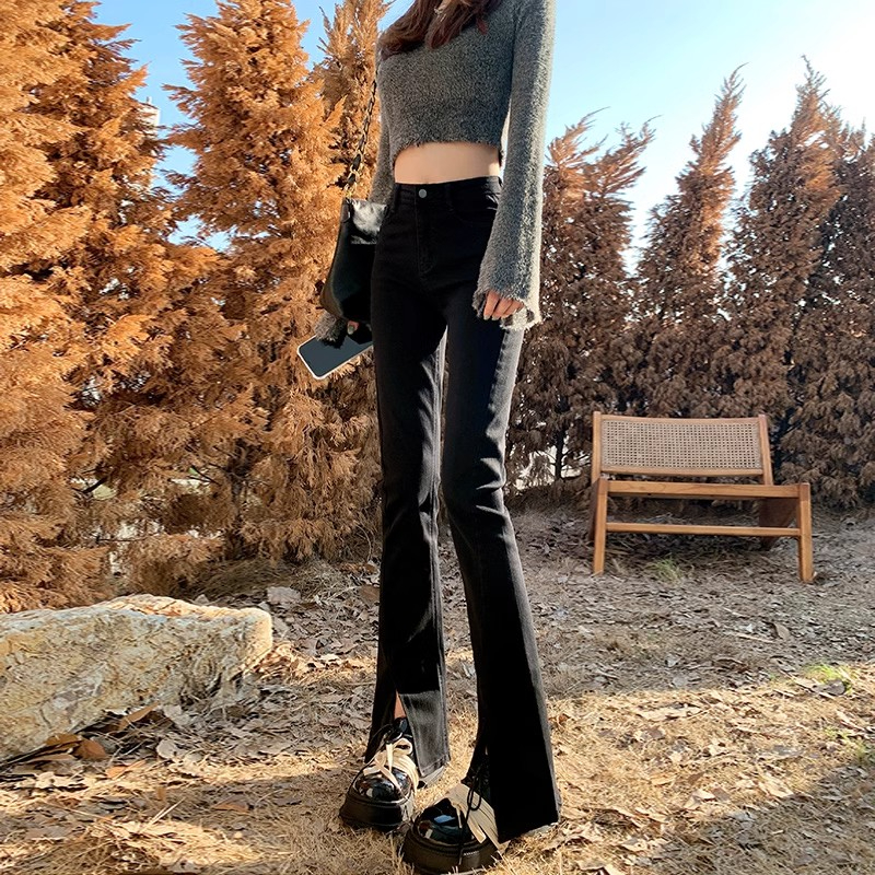 開叉微喇牛仔褲女春季新款黑色小個子高腰彈力修身顯瘦拖地喇叭褲
