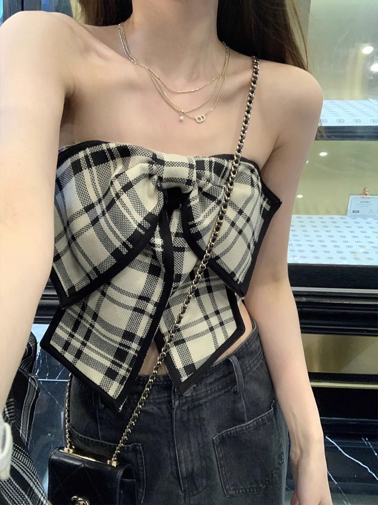 純欲甜辣設計感蝴蝶結格子抹胸吊帶女夏季外穿高級感炸街短款裹胸