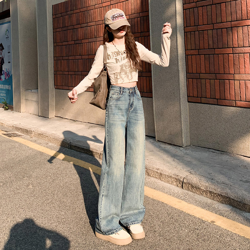 實拍202春夏新款韓版高腰牛仔褲女長褲印花寬鬆垂感拖地褲