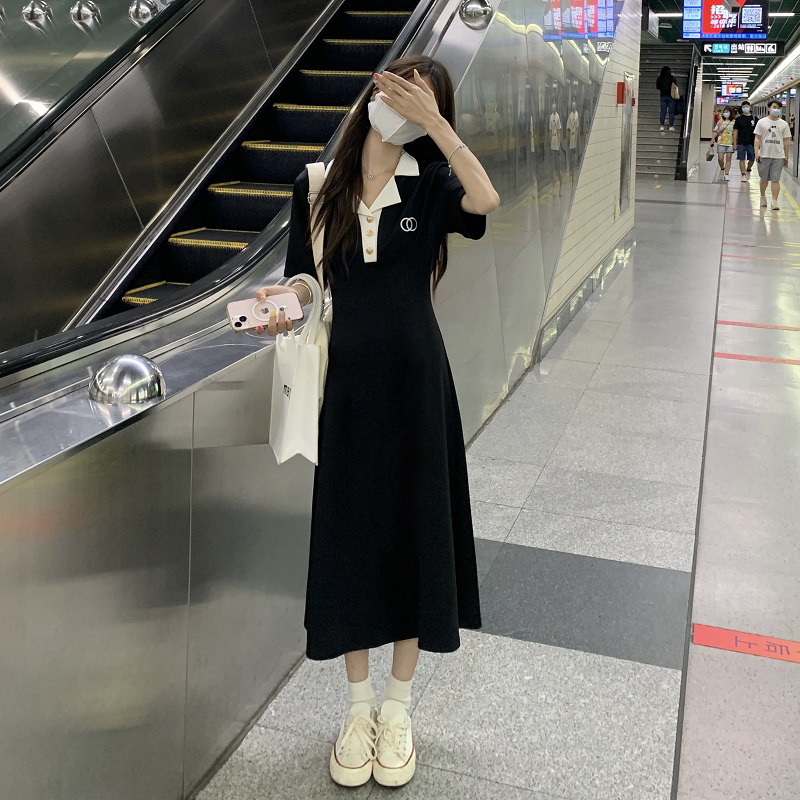 法式顯瘦POLO領連衣裙子女夏新款A字長裙