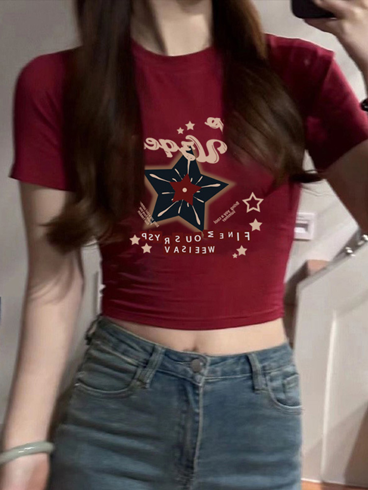 潮牌酒紅短款短袖T恤女2024夏季新款辣妹純欲風緊身露臍圓領上衣