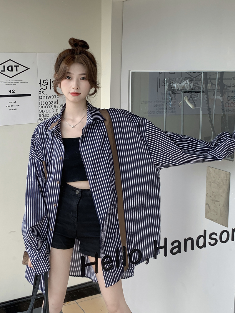 實拍 韓系復古條紋撞色長袖襯衫女新款寬鬆襯衣開衫外套