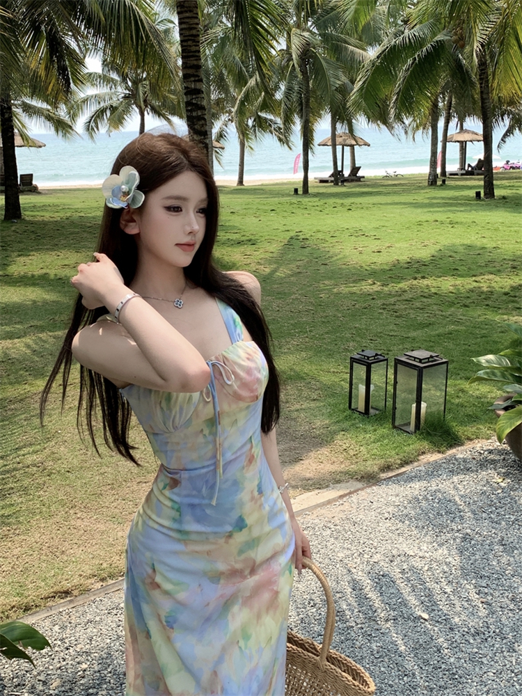 實拍 法式碎花吊帶收腰茶歇溫柔氣質修身長裙