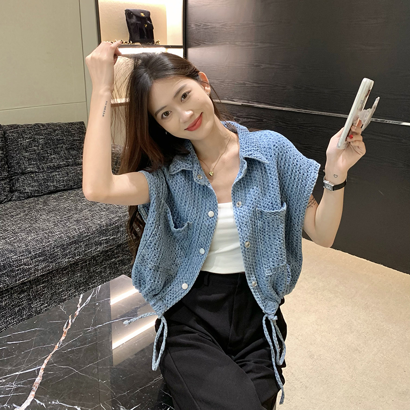 2024夏季新款韓版設計感下擺抽繩藍色牛仔馬甲女港味外穿坎肩上衣