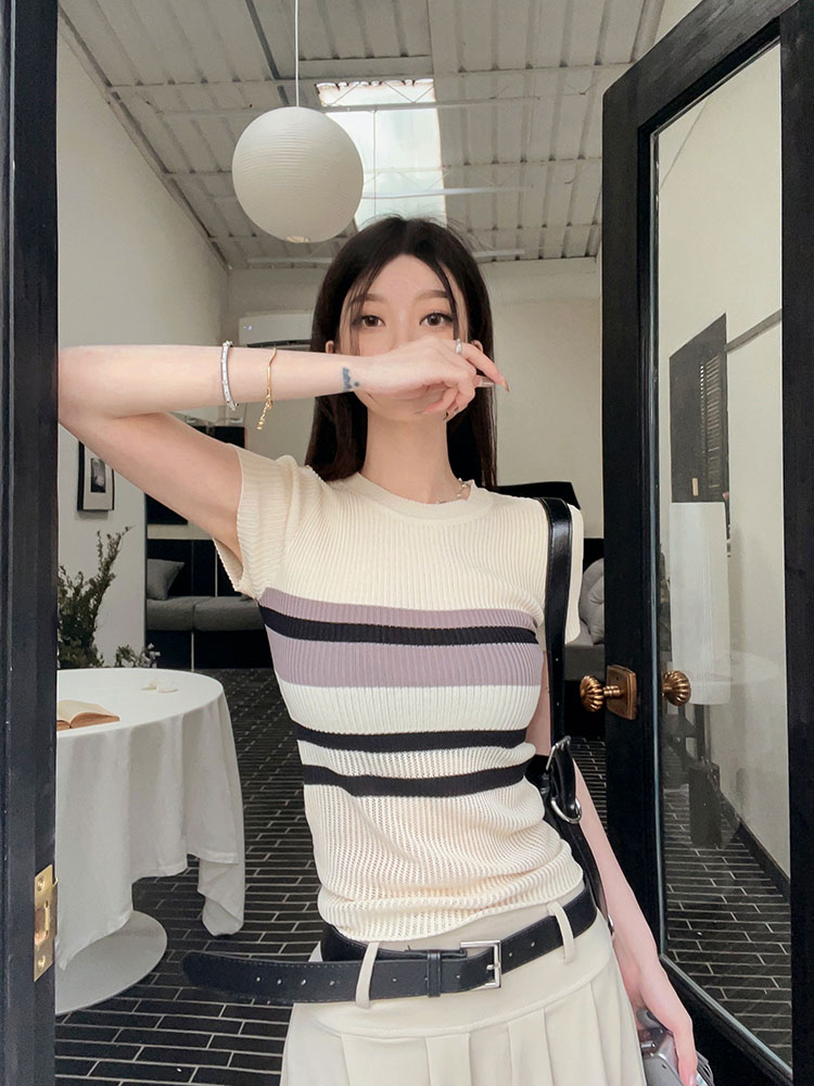 實拍2024夏季美式辣妹條紋拼色短袖針織T恤衫女性感純欲上衣