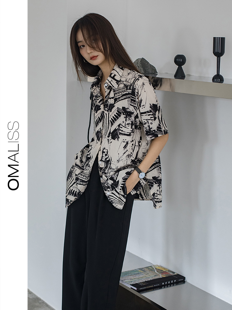 Short-sleeved retro chiffon shirt for women 2024 summer loose Hong Kong style design niche print chic shirt thin section
